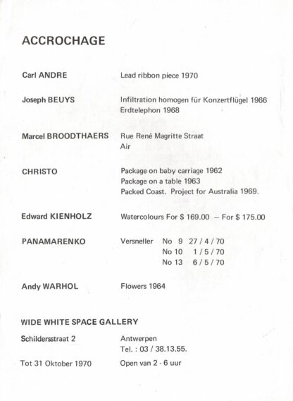 Accrochage Andre Beuys Broodthaers Christo Kienholz Panamarenko Warhol - 1970