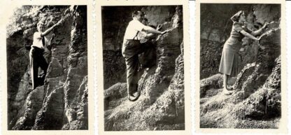 Three original black and white photographs of people pretending to climb a mountain.