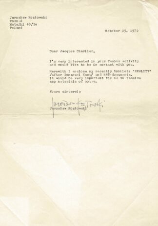 A letter from Jarosław Kozłowski sent to Jacques Charlier. - 1972