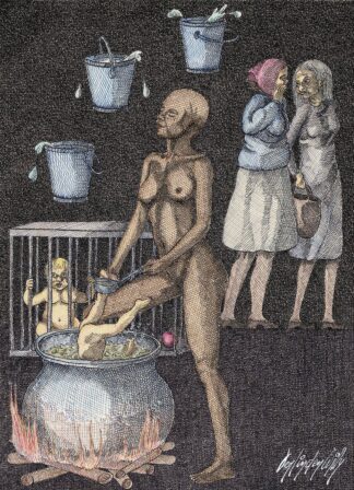 Drawing of a woman putting a baby in a cooking pot by an anonymous artist.