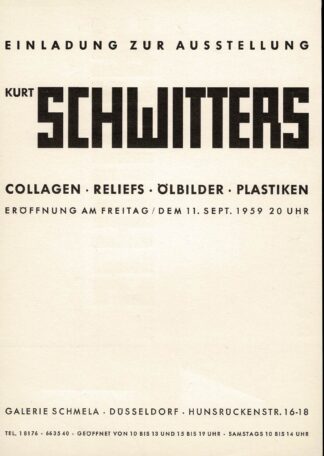 Kurt Schwitters. Collagen. Reliefs. ölbilder. Plastiken. Galerie Schmela 1959 invitation - 1959