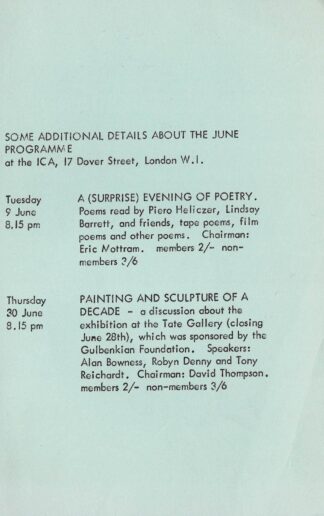 Some additional details about the June programme at the ICA, 17 Dover Street, London. -1964