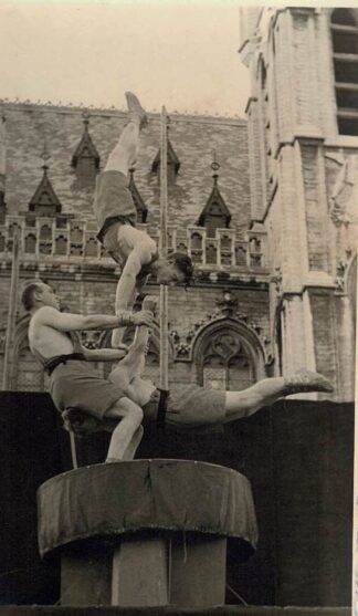 Three gymnasts doing what they're good at.