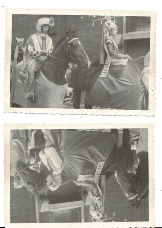 Two photographs of people riding horses in a procession - undated.