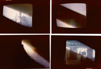 Four photographs of a TV showing the space shuttle launch - 1981